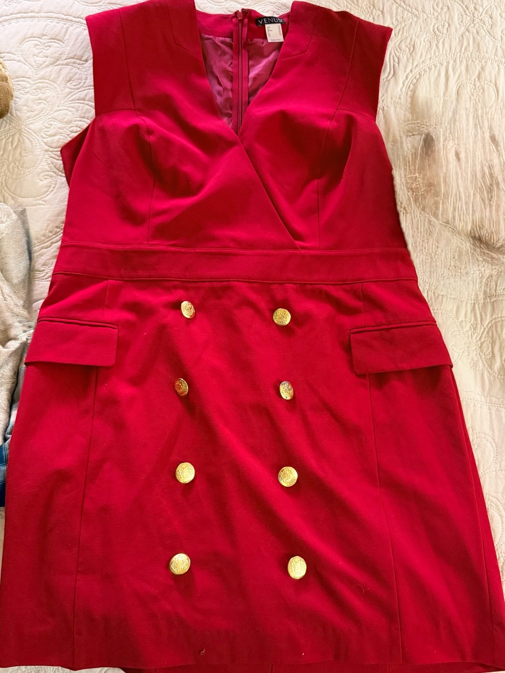 VENUS Red Double-Breasted Mini Dress with Gold Buttons
